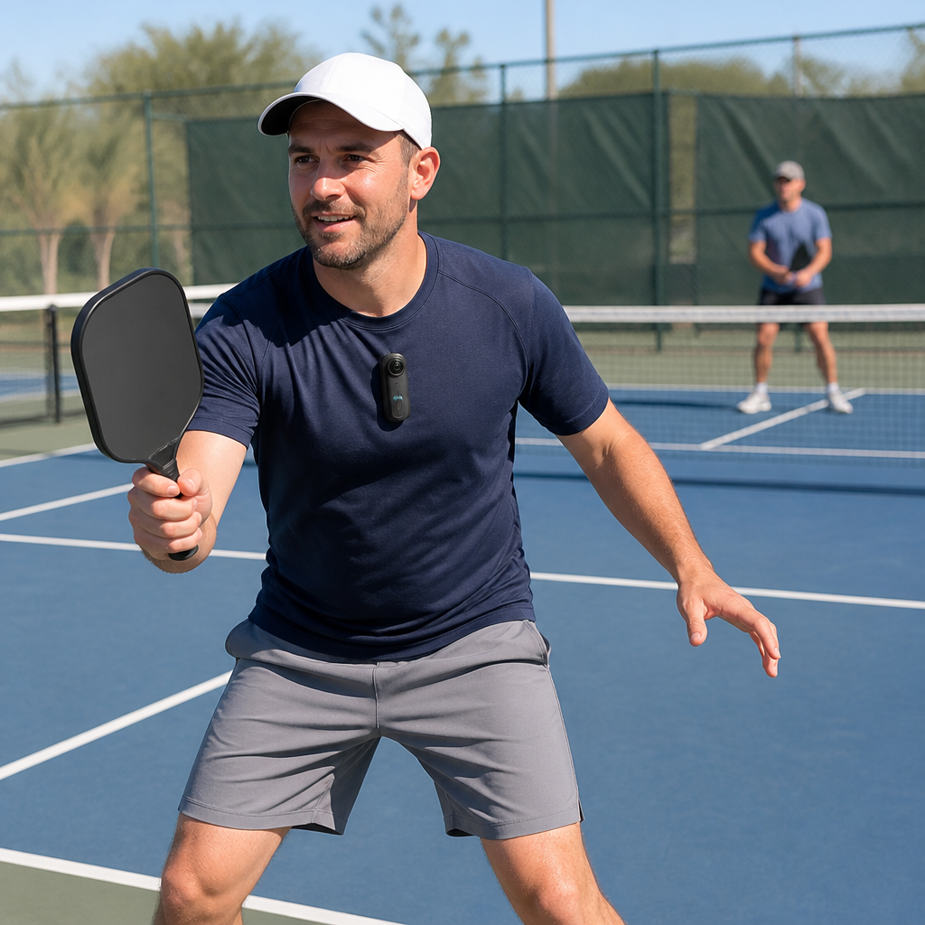 Pickleball player wearing the Paddle POV camera on his chest