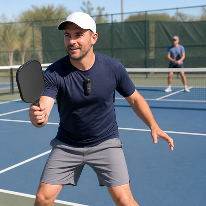 Pickleball player wearing the Paddle POV camera on his chest
