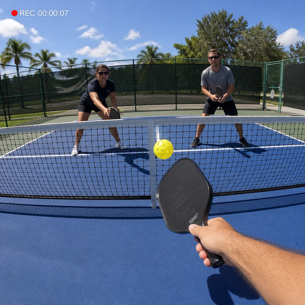 POV footage from the camera during a pickleball dink